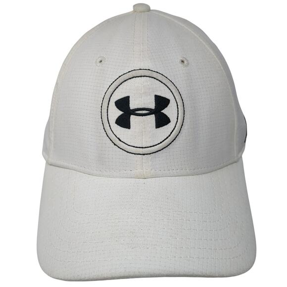Under Armour Golf Fitted Baseball Cap White L Embroidered Vented Holes 6 Panel - Picture 1 of 9